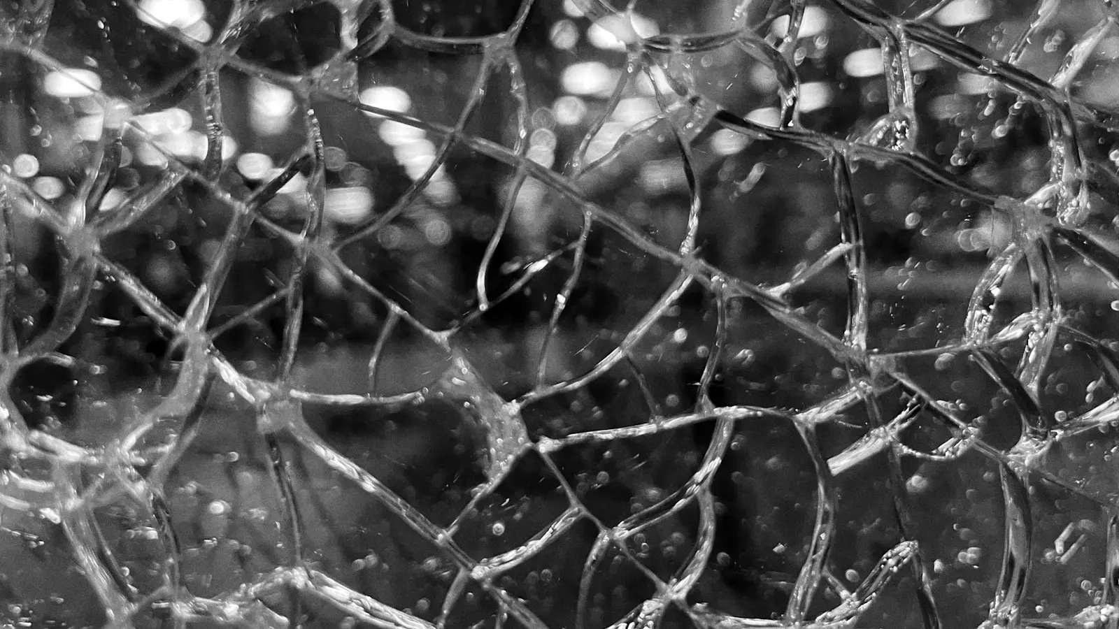 Close-up of broken window glass with radiating cracks