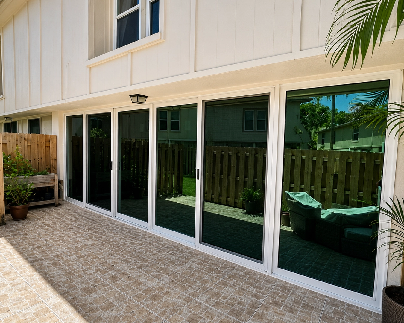 Multi-panel impact bi-fold doors opening to an outdoor living space in Key Biscayne