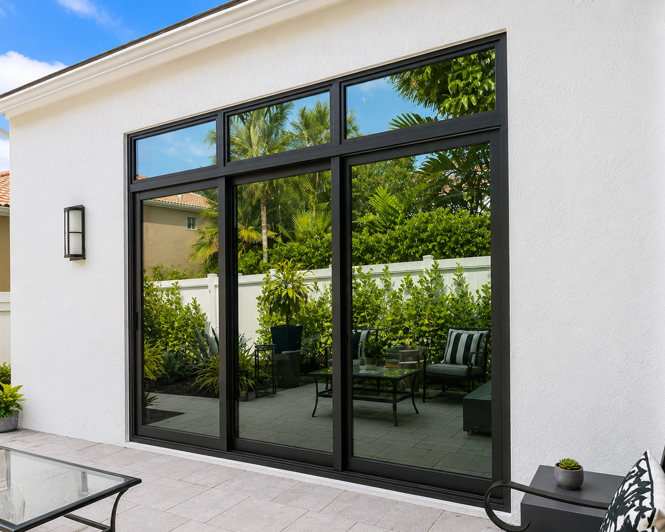 Black-frame impact windows installed on a contemporary Miami residence