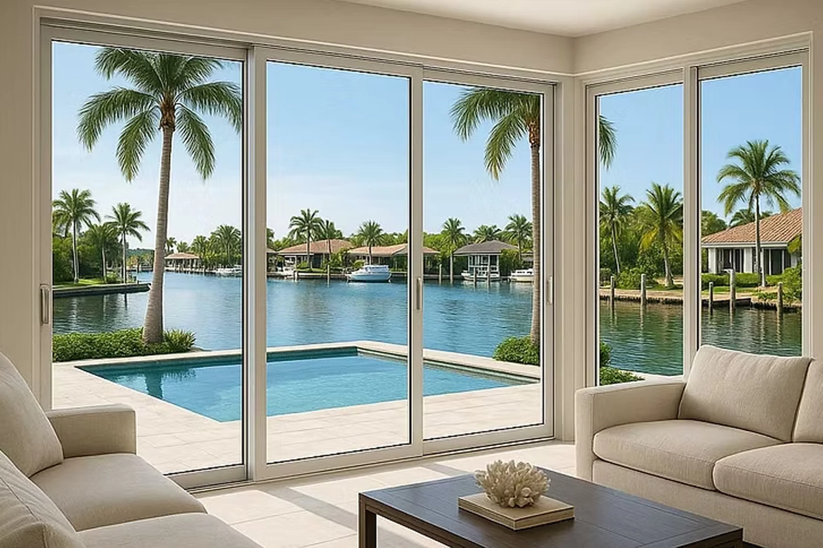 Large multi-panel impact sliding glass door connecting a home with an exterior patio
