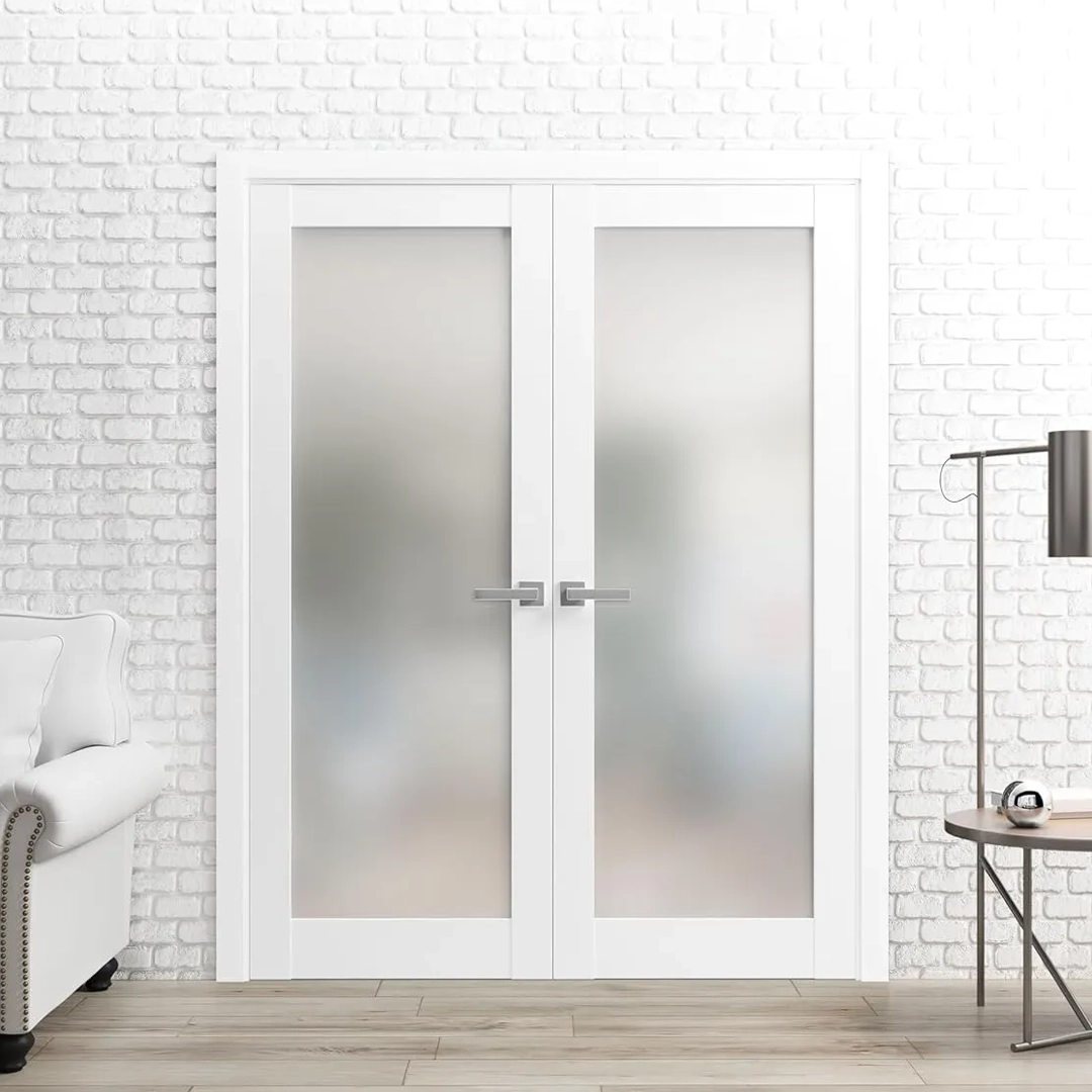 Detailed view of impact French door panels, glass, and hardware