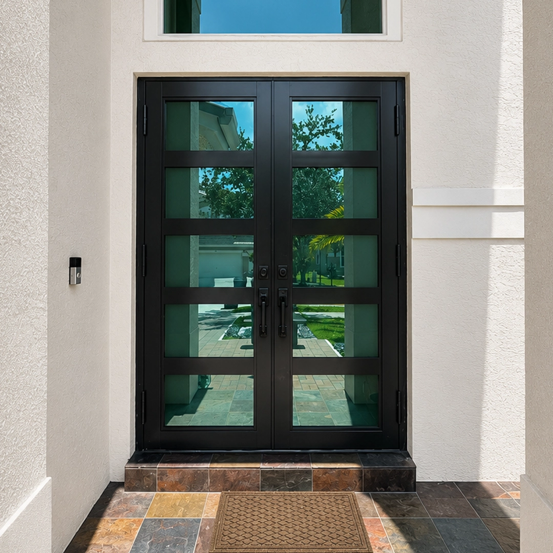 Impact French doors connecting a residential interior with a patio
