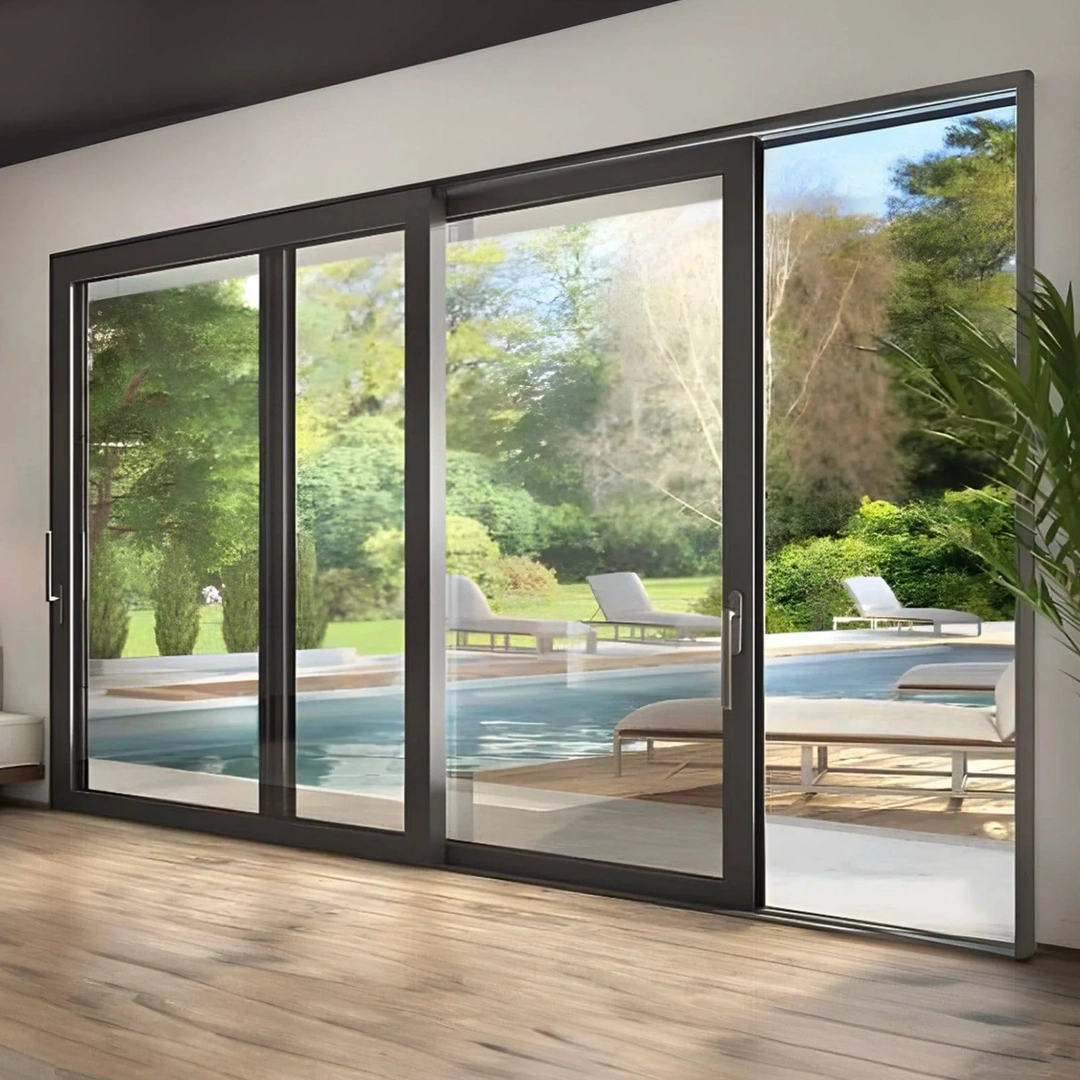 Detailed view of an impact sliding door track and glass panels